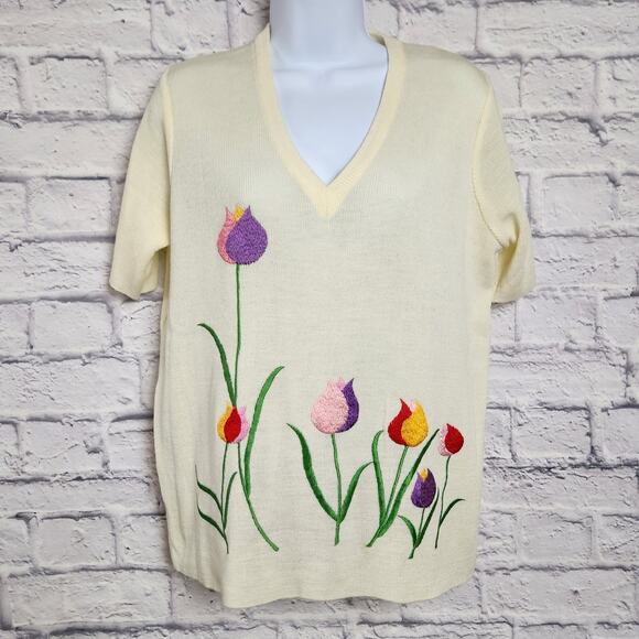 Vintage Bonnie Lee by Leroy Sweater Women Size 40 Yellow Floral Embroider V Neck - Picture 1 of 8